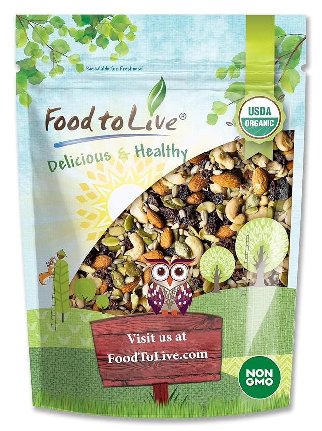 Organic Raw Seeds, Nuts and Raisins Mix, 2 Pounds - Raw and Non-GMO Trail Mix Contains Walnuts, Almonds, Cashews, Hazelnuts, and Raisins. Vegan Superfood Snack, Kosher, No Added Sugar and Oil, Bulk