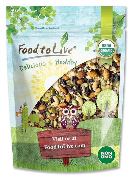 Organic Raw Seeds, Nuts and Raisins Mix, 2 Pounds - Raw and Non-GMO Trail Mix Contains Walnuts, Almonds, Cashews, Hazelnuts, and Raisins. Vegan Superfood Snack, Kosher, No Added Sugar and Oil, Bulk