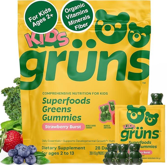 Gruns Multivitamin for Kids, Super Greens Gummies, Superfood Gummy Bears with 20+ Vitamins & Minerals, Spirulina, Chlorella, Alfalfa, Prebiotics Fiber for Digestive Health, Adaptogens Supplement, 28ct