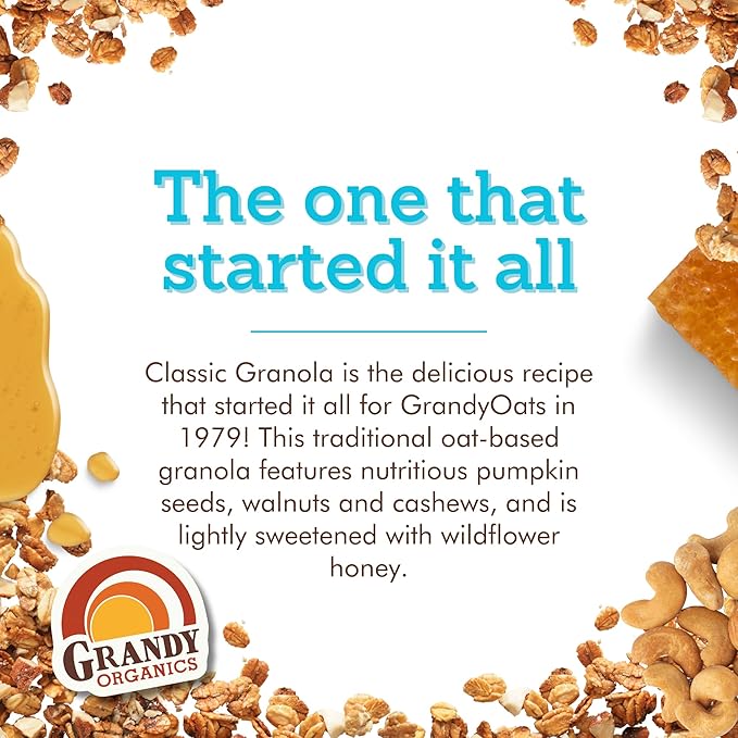 Grandy Organics Classic Granola, Certified Organic Granola Cereal, Low Sugar - Made with Oats, Pumpkin Seeds, Walnuts and Cashews, 12oz Bags, Bulk Pack of 3