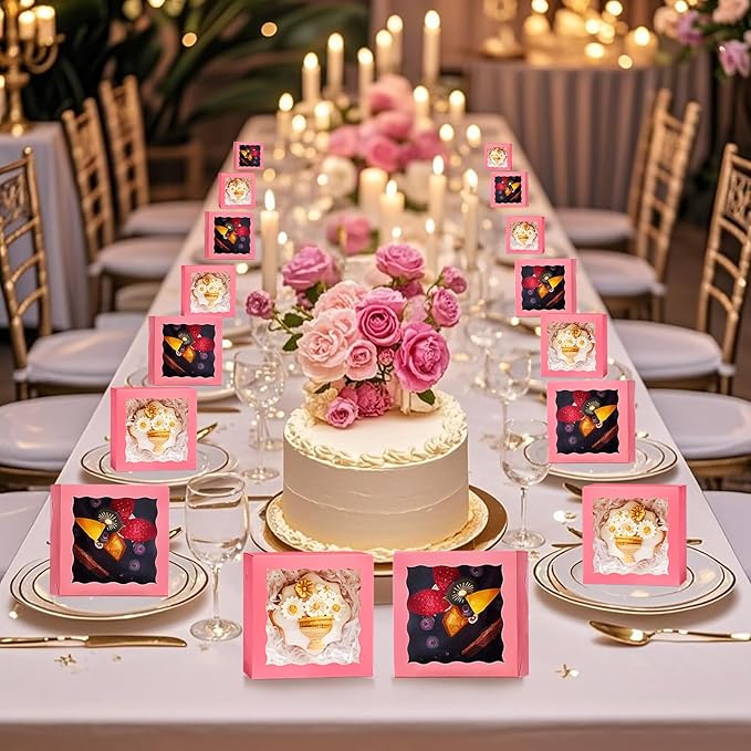 JCXGRVC 100 Pack 4x4x2 Inches Pink Bakery Boxes with Clear Window Perfect for Packaging Macaron Ores Chocolate Truffle Strawberry Cookie Donut Pie Treat Boxes for Wedding Valentine's Birthday