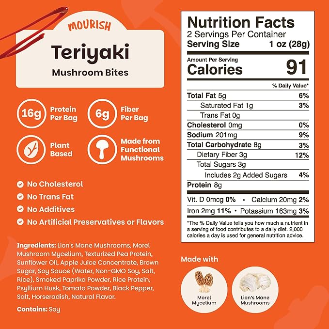 Mourish Vegan Mushroom Bites, Teriyaki Flavor, 3 Pack (2 oz), Good Source of Protein and Fiber, Plant Based Meat Jerky, Meatless Healthy Snacks for Hiking, Work, Travel & School