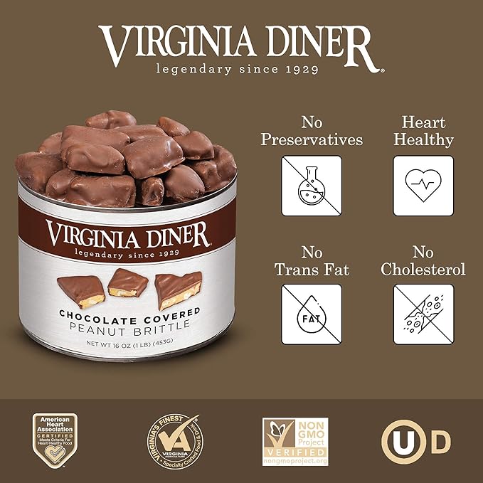 Virginia Diner - Gourmet Natural Classic Chocolate Covered Peanut Brittle, 16 Ounce Tin