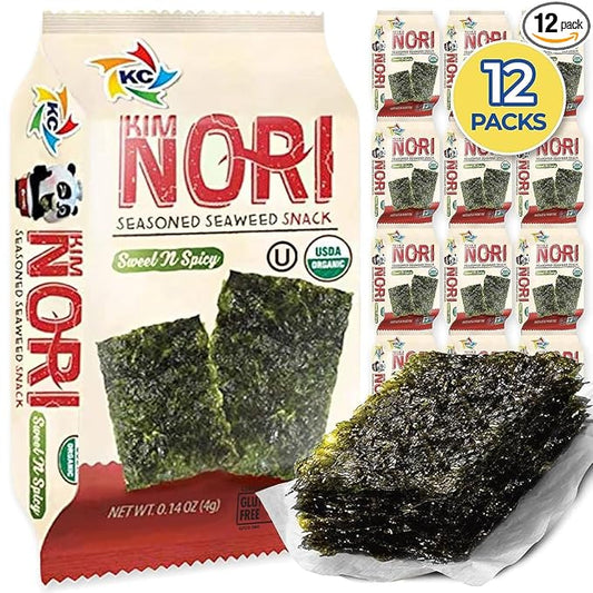 KIMNORI Seasoned Seaweed Snacks Sheets – Organic Sweet 'N Spicy Flavor, 12 Individual Packs, Roasted Crispy Premium 100% Natural Laver Kim Nori, 4g 0.14 Ounce