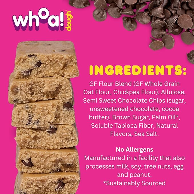 Whoa Dough Edible Cookie Dough Bars- Certified Non-GMO, Kosher and Gluten Free Bars - Healthy Snack Foods - Plant Based Snacks Made With Real Ingredients - Chocolate Chip Cookie Dough - 4 Pack