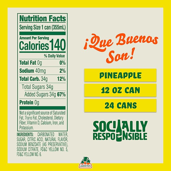 Jarritos - Mexican Soda Soft Drinks, Pineapple (12 oz, 355ml) 24 Cans (3 Boxes of 8) - Real Cane Sugar - 0g Fat - Made in Mexico - Natural Flavor Soda Pop - Party & BBQ Beverages