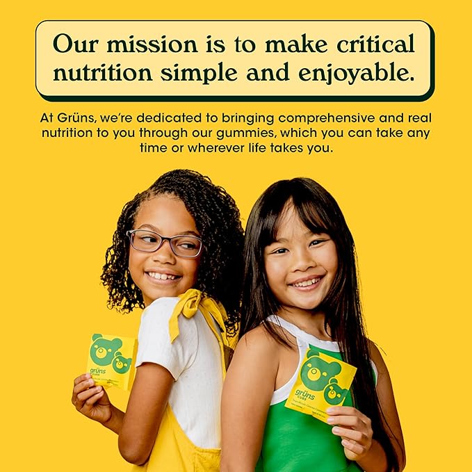 Gruns Multivitamin for Kids, Super Greens Gummies, Superfood Gummy Bears with 20+ Vitamins & Minerals, Spirulina, Chlorella, Alfalfa, Prebiotics Fiber for Digestive Health, Adaptogens Supplement, 28ct