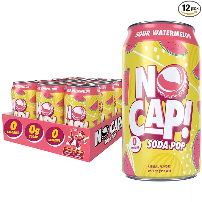 NO CAP! Next Gen Soda Pop with Zero Sugar, Zero Calories and Electrolytes for Hydration, Naturally Flavored Caffeine-Free Soda, Vegan & Gluten-Free, 12 oz Cans (Sour Watermelon)