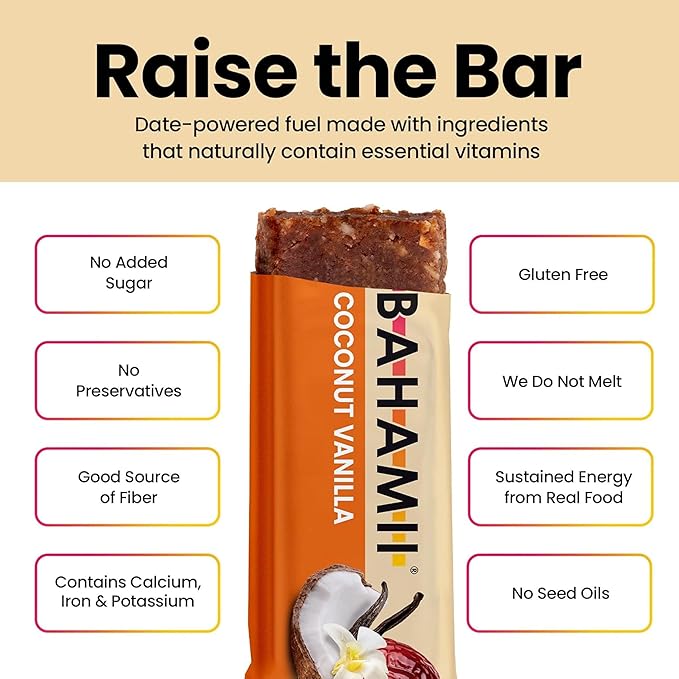 Bahamii Snack Bars, Made with Dates & Nuts, Healthy Snacks, Gluten Free, Good Source of Fiber, Only 6 Ingredients, For Kids & Adults, No Added Sugar, Vegan, 4 Pack, Coconut Vanilla