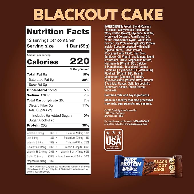 Pure Protein AMMMAZE Blackout Cake Protein Bars, 12 Count – 20g Protein, 3g Fiber, No Added Sugar – Chocolate Meal Replacement - On the Go Snacks