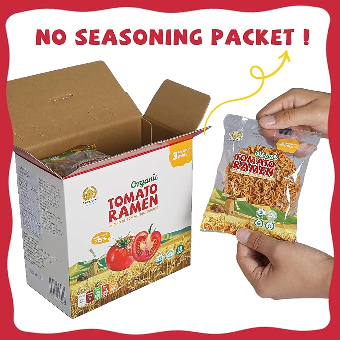 SUNGIVEN Organic Ramen Noodles Tomato Healthy Low Sodium Ready in 3 Minutes Non-Fried Instant No Additives or Preservatives 2.47 OZ (Pack of 10)