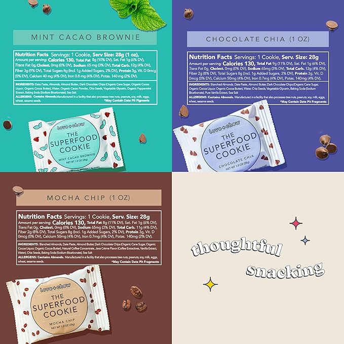 Love + Chew Mini Vegan Cookies, Gluten Free, 3g Plant Based Protein Per Cookie, Healthy Snacks for Adults and Kids, Individually Wrapped Chocolate Cookies, Chocolate Lover Variety Pack, 18 Pack