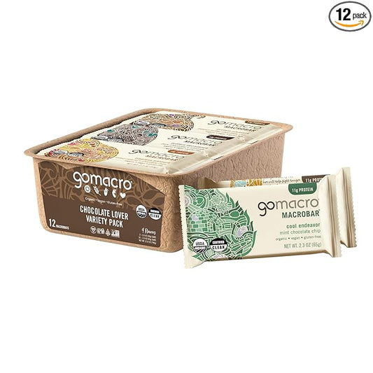 GoMacro MacroBar Organic Vegan Protein Bars - Chocolate Lover Variety Pack (2.3 Ounce Bars, 12 Count)