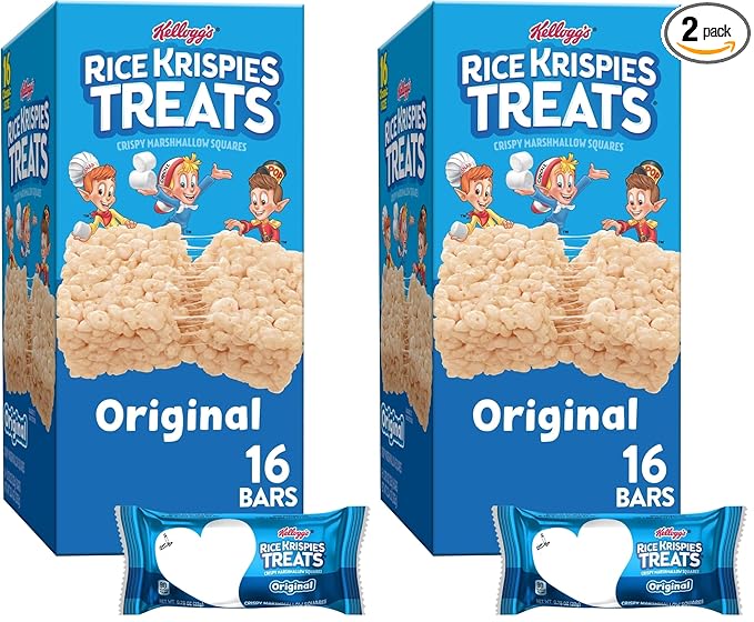 Rice Krispies Treats Crispy Marshmallow Squares, Kids Snacks, Snack Bars, Original, 12.4oz Box (16 Bars) (Pack of 2)