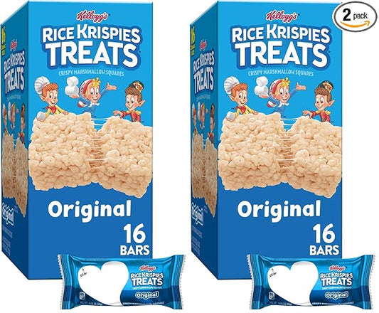Rice Krispies Treats Crispy Marshmallow Squares, Kids Snacks, Snack Bars, Original, 12.4oz Box (16 Bars) (Pack of 2)