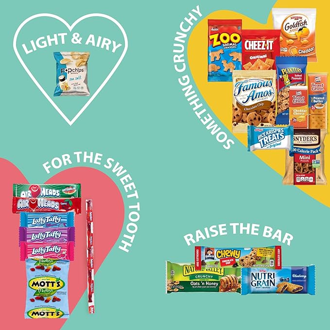 Gift A Snack - Valentines Day Heart Shape Snack Box Variety Pack Care Package + Greeting Card (40 Count) Birthday Sweet Treats Gift Basket, Candies Chips - Office Food Assortments