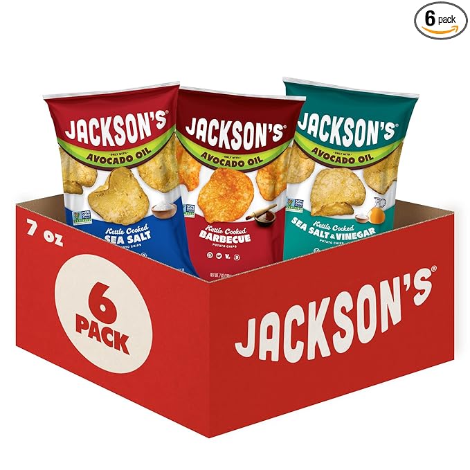 Jackson’s Classic Kettle Potato Chips (Variety Pack, 7 oz, Pack of 6) - Made with Premium Avocado Oil, Sea Salt, Salt & Vinegar and BBQ Flavors - Allergen-friendly, Gluten Free, Vegan