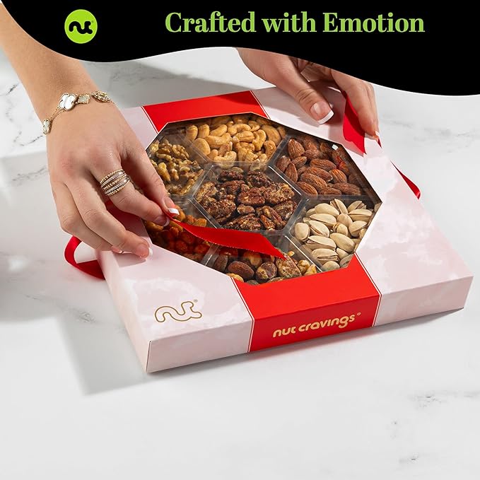 NUT CRAVINGS - Valentines Day Mixed Nuts Gift Basket in Red Gold Box (7 Assortments, 1 LB) Treats for Adults, Food Arrangement, Healthy Snack Care Package, Kosher