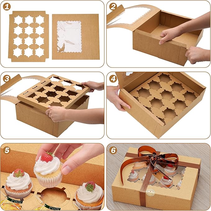 EffiQ-Rate 50 PCS Cupcake Boxes, 12-Count Cupcake Containers with Window, Brown Pastry Boxes with Inner Tray & 50 Stickers for Dessert, Party, Birthday, Holiday (12.8x9.84x3.54 Inch)