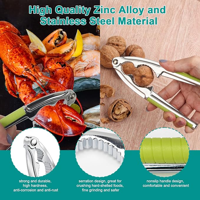 Anglekai Nut Crackers, 8Pcs Multi-Purpose Stainless Steel Seafood Pecan Cracker, Non-slip Handle Walnut Cracking Tools (Green)