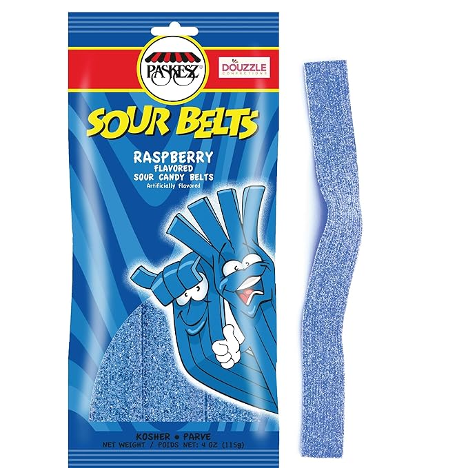 DOUzzle Valentines Day Sweet Treats, Sour Belts Chewy Candy Strips Blue Raspberry (4 OZ - 1 Pack) Goodie Bag Stuffer, Pinata Filler - Kosher Parve