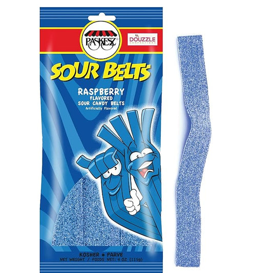 DOUzzle Valentines Day Sweet Treats, Sour Belts Chewy Candy Strips Blue Raspberry (4 OZ - 1 Pack) Goodie Bag Stuffer, Pinata Filler - Kosher Parve