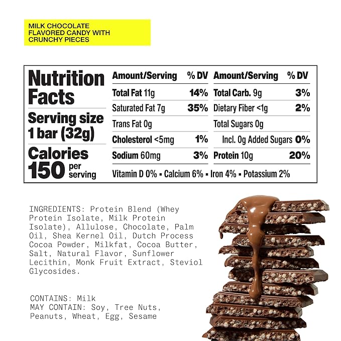 Hormbles Chormbles Protein Candy Bars, Classic Milk, 10g Protein, 0g Sugar, 150 Calories, Milk Chocolate Candy With Crunchy Pieces, Sugar Free Snacks or Dessert, 1.13 Oz, 12 Pack