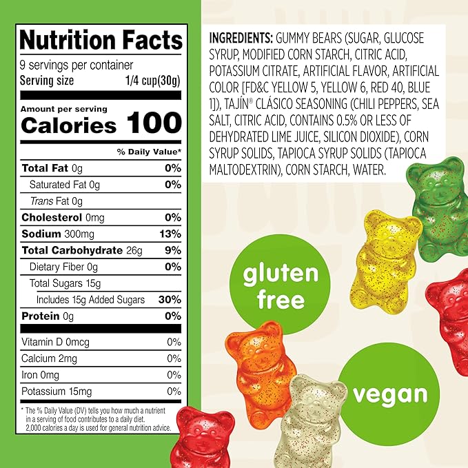 Snak Club Tajin Gummy Bears, Assorted Fruit Candy Gummies with Chili and Lime Seasoning, Mild Spice, Gluten-Free and Vegan Snacks, 9 oz Resealable Bags, 3 Pack