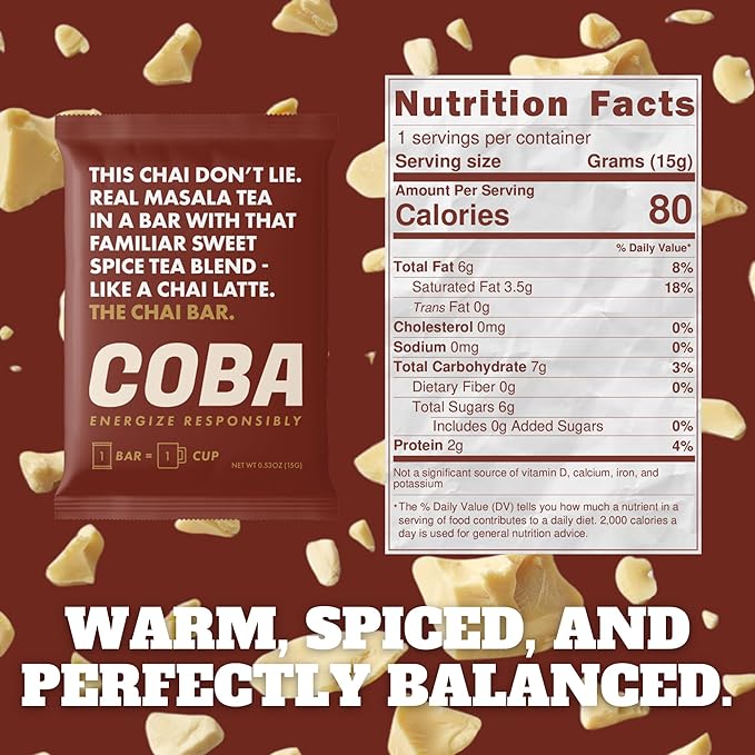 COBA Caffeinated Coffee Chocolate [1 Bar = 1 Cup of Chai] - Energy Boost, Portable, All Natural Caffeine for Gym, Travel, Daily Use - Gluten Free, Non GMO (8 Pack, Chai)