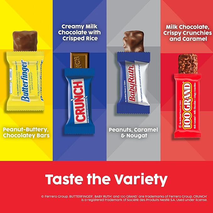 Butterfinger, CRUNCH, Baby Ruth, 100 Grand Minis, Assorted Candy Bars, Great for Sharing, Bulk 135 Count Pack, 55.3 oz