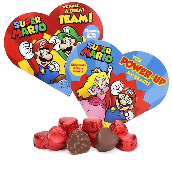 Super Mario Valentine's Heart Gift Boxes, Crispy Milk Chocolatey Candy Inside, Individually Foil Wrapped Pieces, To/From Section on Back, 1.6 Ounces (Pack of 2)
