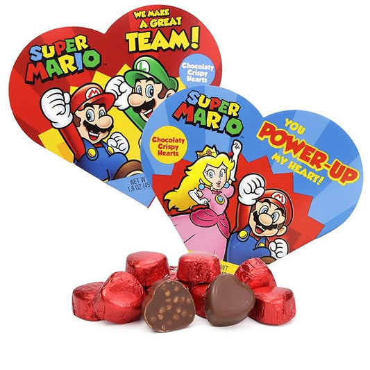 Super Mario Valentine's Heart Gift Boxes, Crispy Milk Chocolatey Candy Inside, Individually Foil Wrapped Pieces, To/From Section on Back, 1.6 Ounces (Pack of 2)