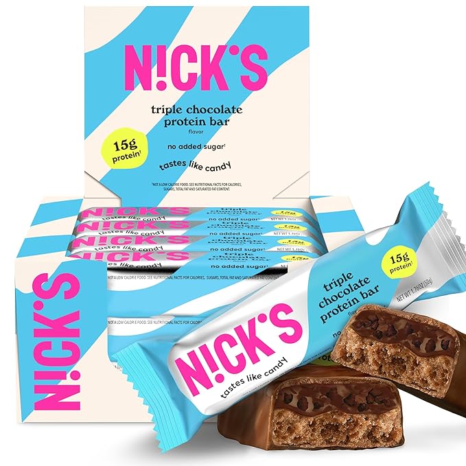 Nick’s Protein Bars Triple Chocolate – 12-Count Box | High Protein, Low Calories, Low Carbs, Keto Friendly, No Added Sugar (12 bars x 50g)