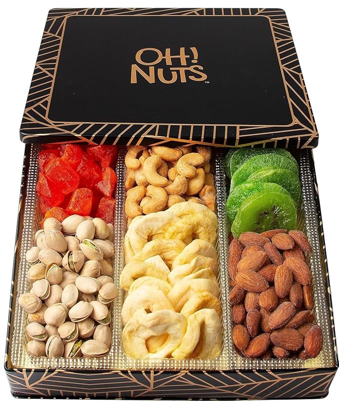 Oh! Nuts 6 Section Dried Fruits and Nuts Gift Basket - Gourmet Assorted Fruit & Nut Gifts Baskets - Healthy Food Square Metal Tin Box - Festive Gifts for Holiday, Birthday, Corporate Women & Men