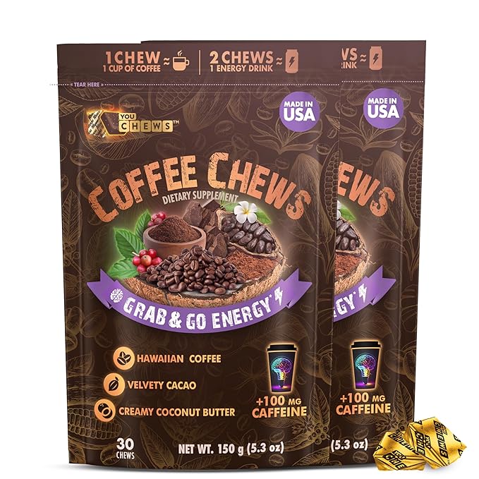 YouChews Coffee Chews - Grab & Go Energy with 100mg per Chew of Clean, Green Caffeine. With Real Organic Ingredients, Low Sugar, Great Bold Taste & Long Lasting Energy Boost (Pack of 2)