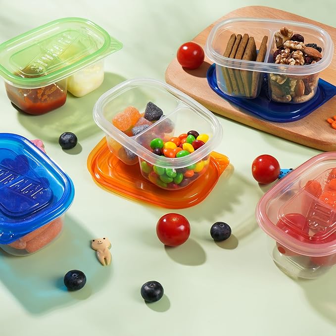 20pcs Reusable Snack Containers with Lids,Double Compartment Snack Containers for kids adults, 10 Cute Forks，Bento Box-Lightweight and stackable, Microwave, refrigerator safe (4 Color)