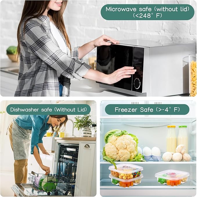 Dandat 50 Pcs Clear Plastic Bento Boxes 4 Compartment Reusable Snack Containers Leakproof Food Container Food Prep Bento Box with Lids Divided Food Storage Containers for Adults School Work Travel