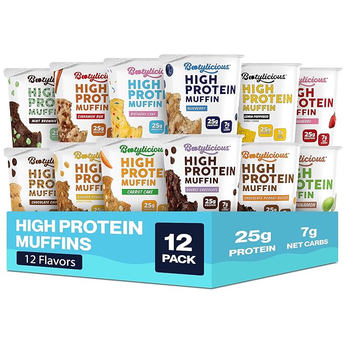 Bootylicious | High-Protein Muffin | 25g Protein, 7g Net Carbs, 2.32-2.75oz Cup, 12-Pack (Variety Pack)
