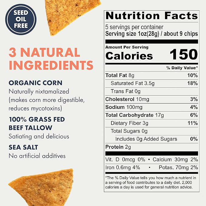 MASA CHIPS - Tortilla Chips Snack Pack - Seed Oil Free, Naturally Grown Corn Chips - Low Carb Snacks - Made with Grass Fed Tallow & Sea Salt - 2 Pack, 5 Ounce Each