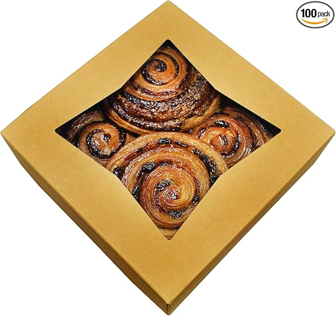 BAKELUV 100 Pack 8x8x2.5 Inch Brown Bakery Boxes with Window | Cookie Boxes, Pastry, Desserts, Treats, Food, Cardboard Takeaway/Takeout Containers | Kraft
