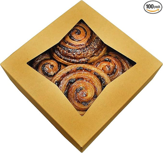 BAKELUV 100 Pack 8x8x2.5 Inch Brown Bakery Boxes with Window | Cookie Boxes, Pastry, Desserts, Treats, Food, Cardboard Takeaway/Takeout Containers | Kraft