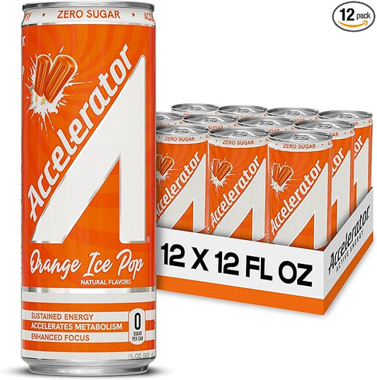 Accelerator Energy Drink, Orange Ice Pop 12oz can (12 pack), Zero Sugar, Sustained Energy from 100% Natural Caffeine (200mg from Green Coffee Bean & Green Tea extract)