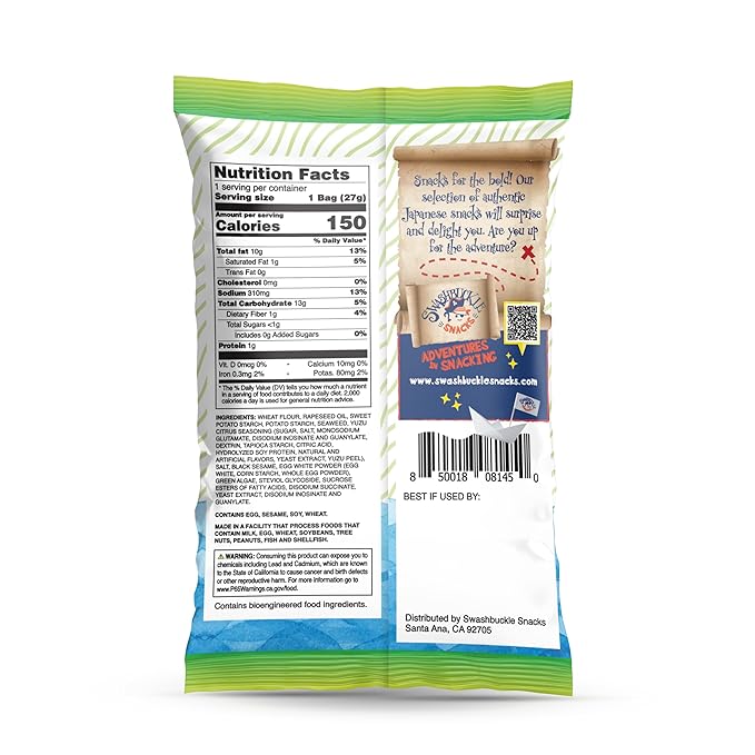 Japanese Tempura Seaweed Snack Chips, Noriten – Yuzu Flavor | 0.95oz x 5 | Made in Japan by Swashbuckle Snacks