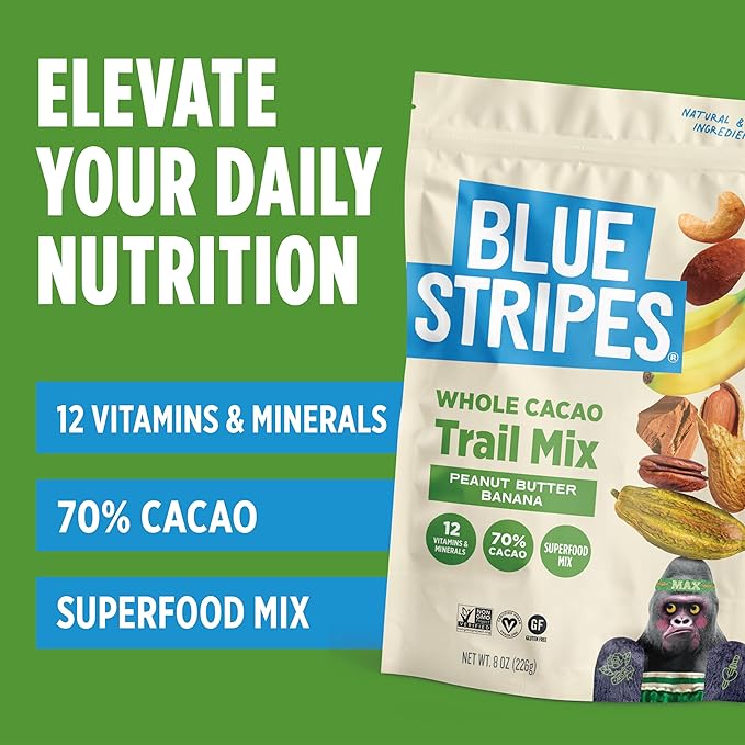 Blue Stripes - Trail Mix, Peanut Butter Banana, Cashews, Peanut Butter Chips, Healthy Snacks for Adults, Whole 70% Cacao, With Unrefined Sugar, Non GMO, Gluten Free, Vegan - 4 Pack, 8 oz