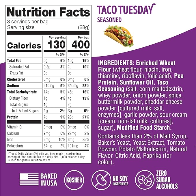Lenny & Larry's Protein Pretzel [Taco Tuesday] FITZELS - Crunchy, Salty, Savory, Tasty Snack High in Protein - Taco Tuesday 20 g's of Plant Protein 8 Bags, 3 oz Each