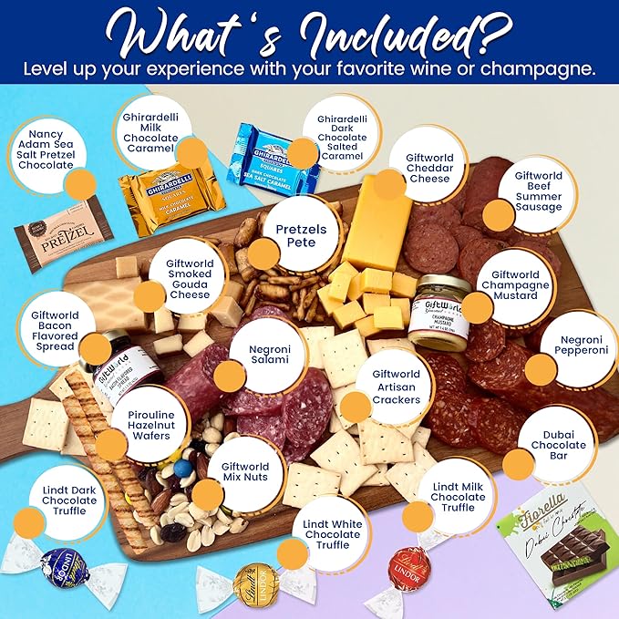 Deluxe Meat and Cheese Gift Basket - Gourmet Charcuterie Assortment Charcuterie Food Items with Imported Chocolates Lindt, Ghirardelli, and Dubai Chocolate, Food Gifts for Men, Tailgating, Business, Care Packages, Holiday Special, and Christmas Gifts -...