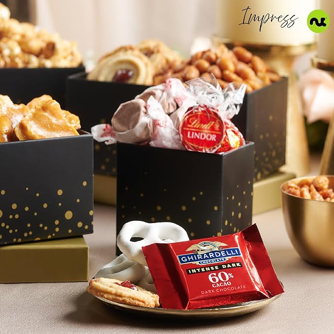 NUT CRAVINGS - Valentines Day Chocolate Covered Pretzels & Caramel Popcorn Gift Basket, Black Tower + Ribbon (8 Assortments) Sweet Treats Food Arrangement, Healthy Snack Care Package, Kosher