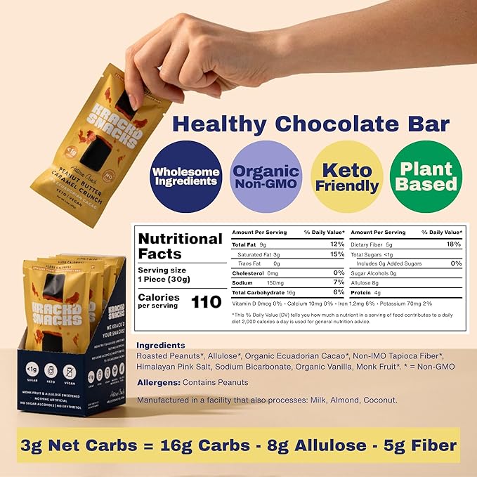Krack’d Snacks Keto Chocolate Snack Bars 5 Pk | Handmade Low Carb, Sugar Free Dark Chocolates with Peanut Butter, Caramel Crunch, Allulose | Vegan, Non-GMO, Gluten Free Chocolate Candy Bar