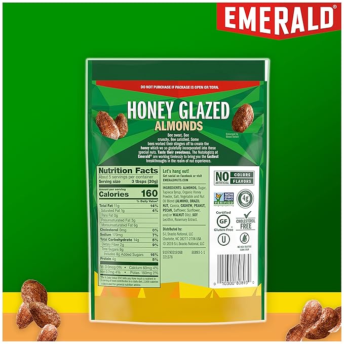Emerald Nuts Honey Glazed Almonds (1-Pack), 5.5oz Resealable Bag, Kosher Dairy Certified, Non-GMO, Contains No Artificial Preservatives, Flavors or Synthetic Colors