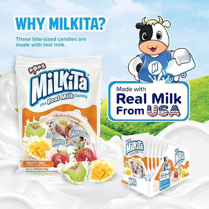 Milkita The Real Milk Candy Lollipop Bag – Low-Sugar, Healthy Sweets with Real Milk for Kids & Adults – Fat Free & Gluten Free Candy with Calcium (Strawberry, Honeydew, Mango - 10 Pcs 4-Pack)
